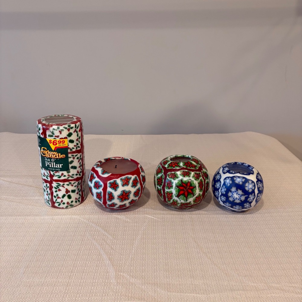 Christmas Holiday Candle Pillar & Sphere Ball Candle Set